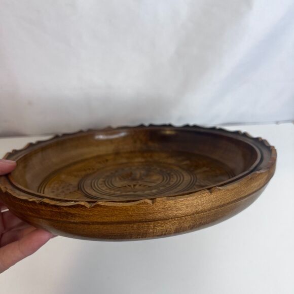 Hand Carved Decorative Wooden Shallow Bowl Folk Art Wall Decor Boho Bread Plate - Picture 5 of 10